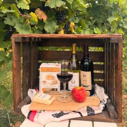 Wooden crate with autumn wines and charcuterie board with apples, crackers, and cheese in front of Vineyards at Fero Winery in Lewisburg.