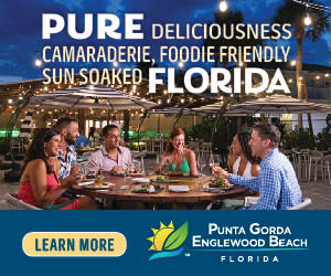 Group of people dining at Magnolias on the Bay with Pure Florida verbiage
