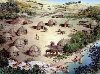 Illustrated village scene of tule huts alongside the Uvas Creek