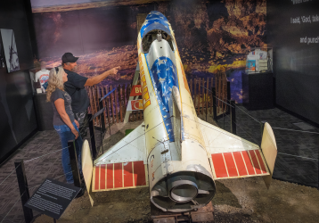 The Rocket Evel used to launch over the Snake River Cannon is on display in Topeka, Kansas
