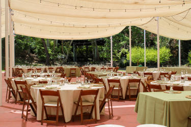 Gilroy Gardens set up with round tables and draped cover and string lighting overhead