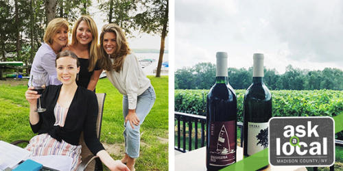 Caitlin and friends at the Brewster Inn and two bottles of wine at Owera Vineyards