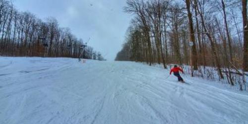 Person skiing on an even terrain of snow between two rows of trees at Mount Pleasant of Edinboro