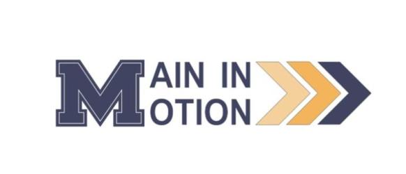 Image is the logo for the Main in Motion project taking place in downtown Mooresville in 2026. This project will update Mooresville's Main Street corridor with new street and sidewalk surfaces, streetscape designs, street lighting, and more.