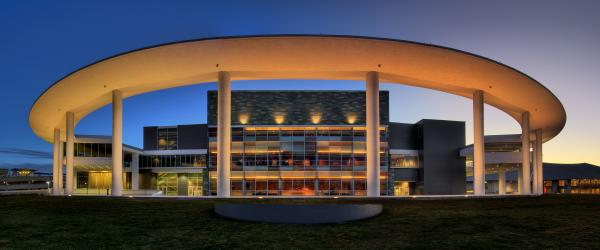 Long Center exterior and pavilion at twilight