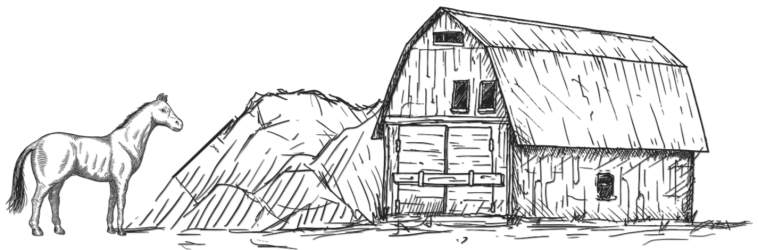 A black-and-white graphic depicting a horse, hay bale pile, and barn.