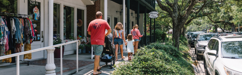 Family shopping in downtown Ocean Springs on a sunny day
