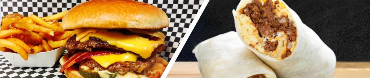 Fresh Burger Stop classic hamburger and a breakfast burrito from La Mexicana in Estes Park