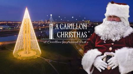 Promotional image for A Carillon Christmas, showing the Carillon Tree of Light and Santa