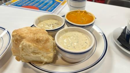 A biscuit and a flight of gravy at Big Bear Biscuits