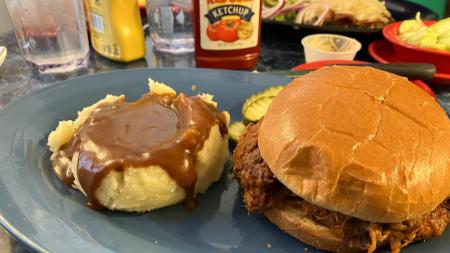 BBQ Sandwich with Mashed Potatoes and Gravy at the Mayberry Cafe