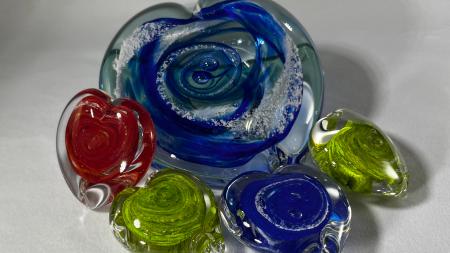 Heart paperweights from Hot Blown Glass in Clayton
