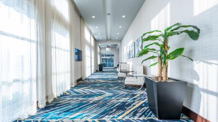 The hallway connecting the hotel and event spaces.