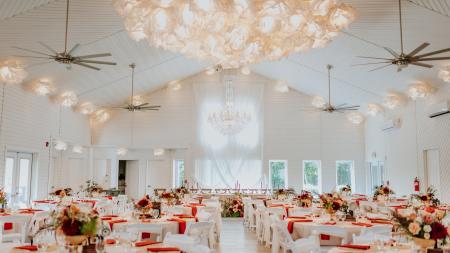 The elegant white banquet hall at Lizton Lodge (via Photos by Hiedi).