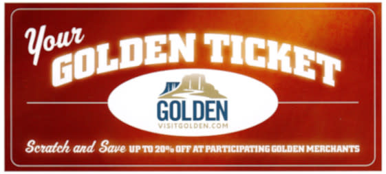 Your Golden Ticket facsimile Gold ticket with a white Visit Golden graphic in the middle oval
