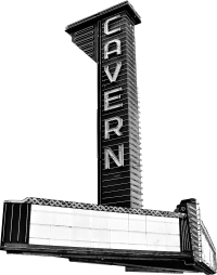 Black and white image of a vintage vertical sign reading "CAVERN" in bold letters, capturing an Art Deco design.