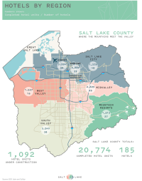 Map of the Salt Lake Valley showing hotel rooms and hotels per area