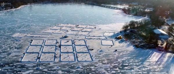 Aerial view of pond hockey rinks