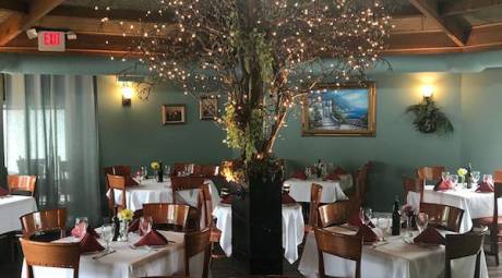 The dining room at La Strada Italian Restaurant BYO featuring a tree at the center under a sun light.