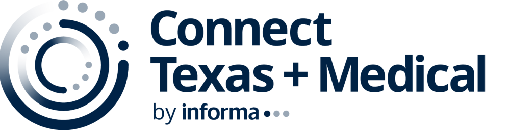 The logo for "Connect Texas + Medical | by informa" features the name and a symbol that looks like a target with circles within circles, only each loop fades into dots on one end.