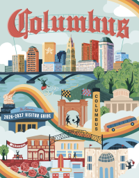Illustrated cover of Columbus Visitor Guide, featuring various landmarks in Columbus