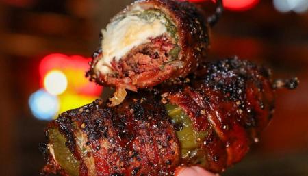 Texas Twinkies (jalapenos stuffed with brisket and cheese, wrapped in bacon and grilled)