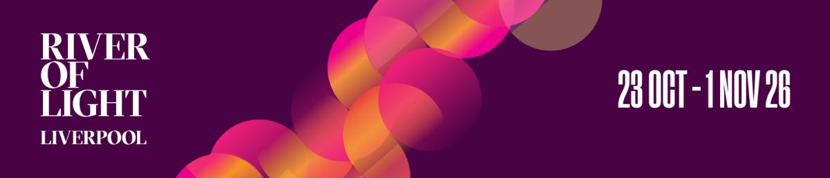 A purple background with text River of Light in white text and pink and orange circles.