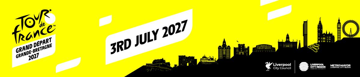 A yellow graphic that says Tour De France with their logo and a graphic of a skyline in black at the bottom right.