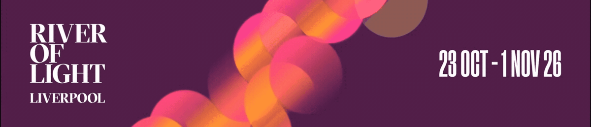 A banner for River of Light on a pruple background with pink circles. It says River of Light in white text.