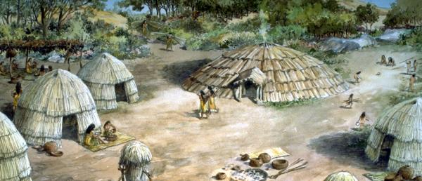 Illustrated close-up view of tule huts and shelter