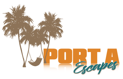 Port A Escapes Logo in orange and teal with a brown trio of palm trees and a hammock