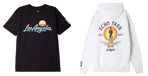 A black t-shirt that says 'Los Angeles' and a white hoodie that features an Echo Park design.