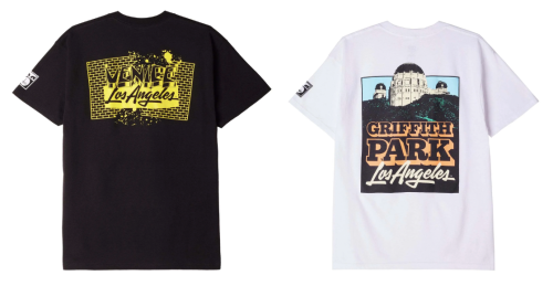 A black t-shirt with a yellow Venice design and a white t-shirt featuring a Griffith Park image.