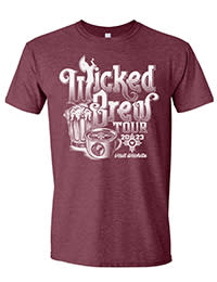 An image of the 2023 Wicked Brew Tour T-Shirt features a white logo on a light burgundy shirt