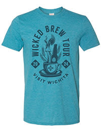 The 2024 Wicked Brew Tour T-shirt is teal in color and features the Keeper of the Plains, a beer bottle and cup of coffee