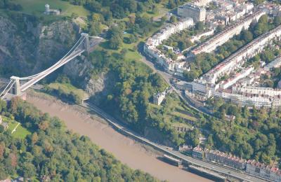 An aerial view of the Clifton Suspension Bridge & Clifton Village in West Bristol - credit Visit Bristol