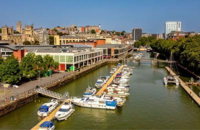 A view of Broad Quay on Bristol's Harbourside looking towards the city centre