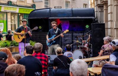 Band performing on St Nicholas Street as part of Old City Sounds 2024 in Bristol - Credit Julian Preece / Bristol City Centre BID