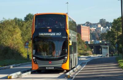 A grey and orange M2 metro bus in Bristol - Credit First Bus