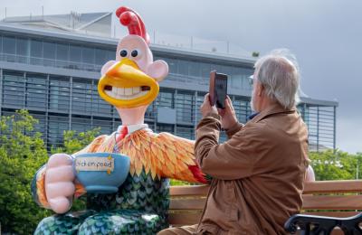 Gromit Unleashed 3 - Aardman founder Peter Lord with his Rooster Booster - credit Ambitious