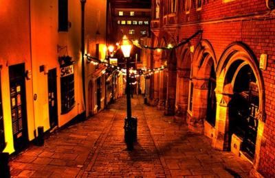 A view of Christmas Steps in central Bristol at night