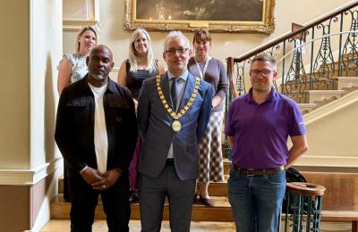 Photo: Back row L-R: George Clutten, Town Clerk at Radstock Town Council; Toni Green, Project Manager at 3SG; Ghika Savva, Student Community Partnership Manager. Front row L-R: Rod Dixon, Beryl Dixon’s son, Councillor Shaun Stephenson-McGall, Council Chair; Andrew Donavon, Partnership Manager at Everyone Health
