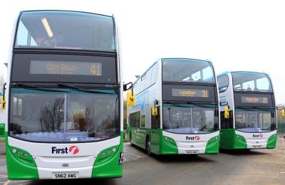 3 white and green First Bus buses for the Bath Park and Ride