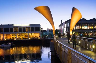 A wide shot of Pero's Bridge on Bristol's Harbourside at night - credit Paul Box