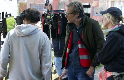 Outlaws Season 3 - Stephen Merchant with camera and crew - credit Big Talk Studios / BBC)