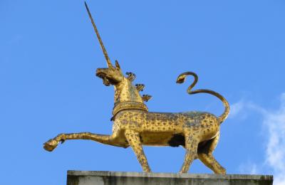 One of the unicorns atop Bristol City Hall on College Green in central Bristol