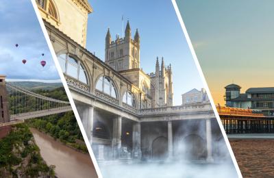 A trio of images of Clifton Suspension Bridge, The Roman Baths and The Grand Pier