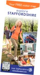 The cover of the 2025 Staffordshire Visitor Map, featuring a couple crossing a stream via some stepping stones as the main image, and some smaller images of a rollercoaster, hotel bedroom, and a family enjoying a meal in a restaurant