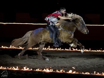 Man in cowboy costume on horseback galloping through flames at Equine Affaire's Fantasia event