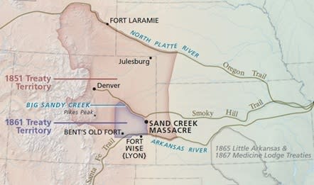 Federally-recognized Cheyenne and Arapaho lands from 1851-1861. National Park Service map in Sand Creek Massacre NHS brochure.